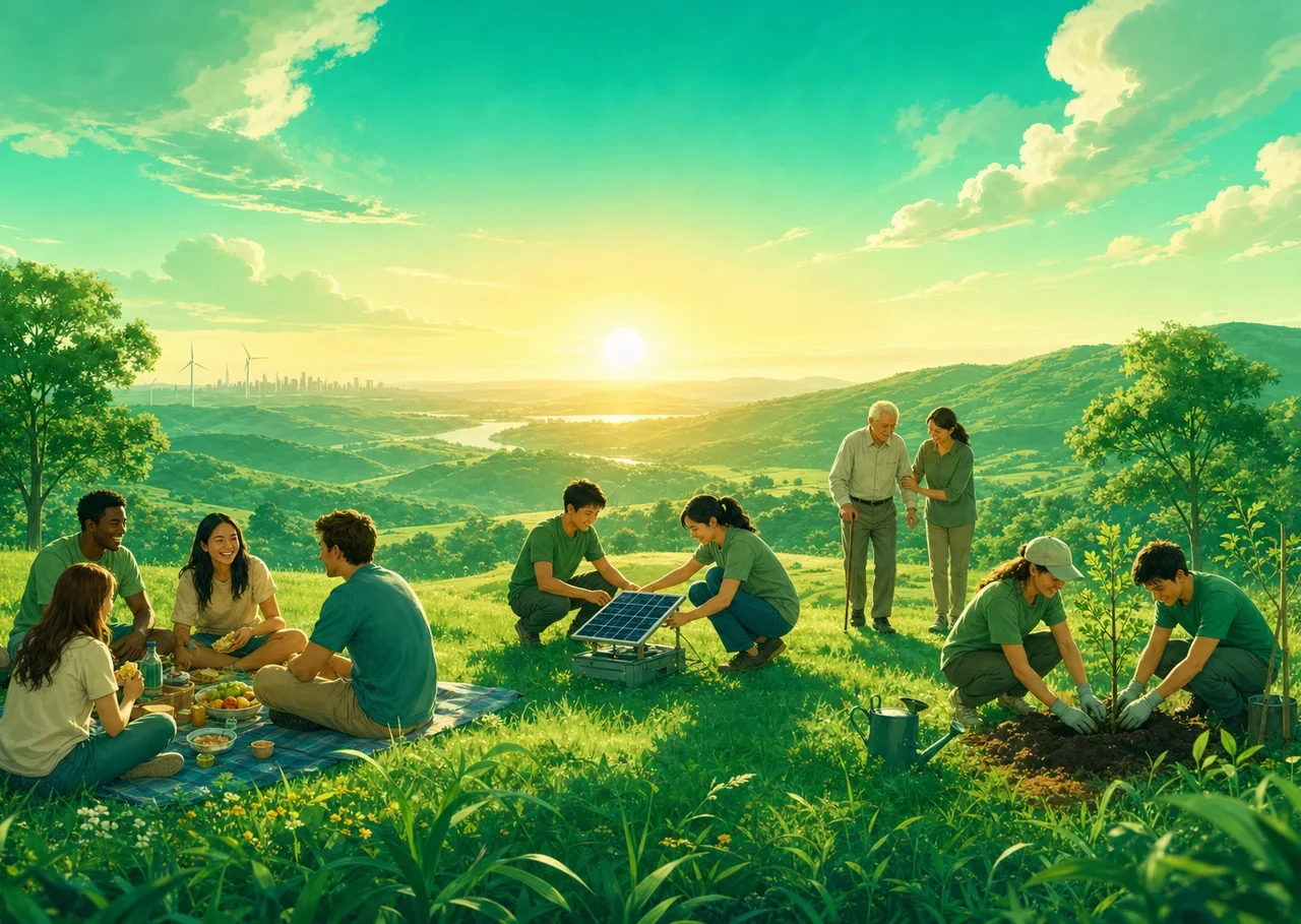 Illustration : sur une colline au lever du soleil, quatre groupes côte à côte : un pique-nique joyeux, de jeunes ingénieurs, une entraide envers une personne âgée et des bénévoles qui plantent des arbres