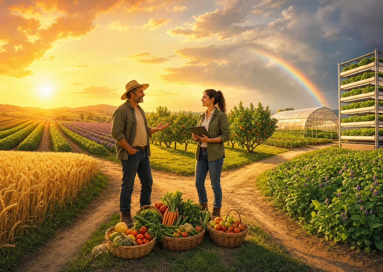 Illustration : un agriculteur et une agronome à la croisée de cultures très diverses, verger, serre et ferme verticale, sous un ciel mi-soleil mi-averse avec un arc-en-ciel