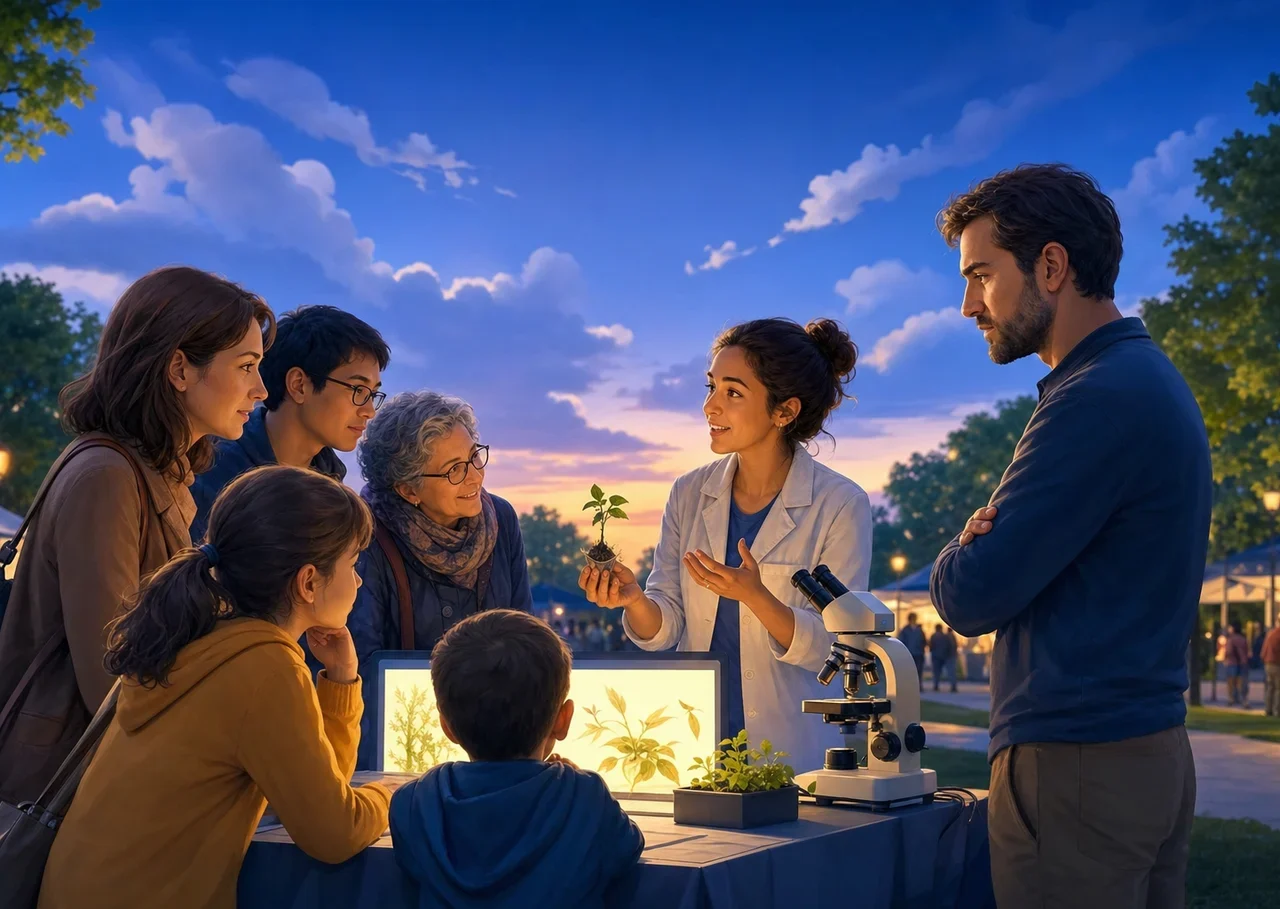 Illustration : à une fête de la science dans un parc, une chercheuse montre un microscope à des citoyens curieux, dont un homme bras croisés qui écoute avec attention