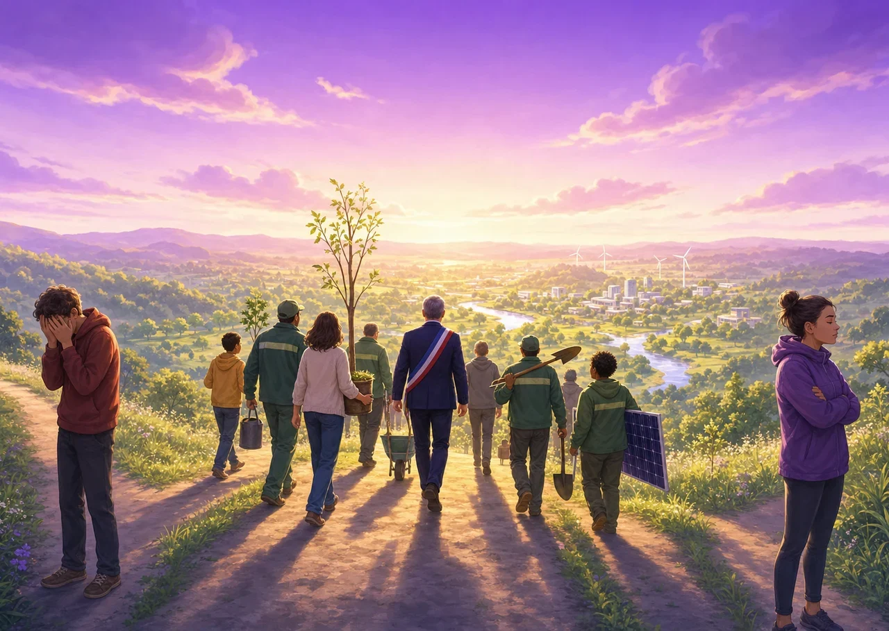 Illustration : entre une personne paniquée et une autre qui détourne les yeux, citoyens, élus et salariés descendent ensemble un chemin ensoleillé avec de jeunes arbres et un panneau solaire