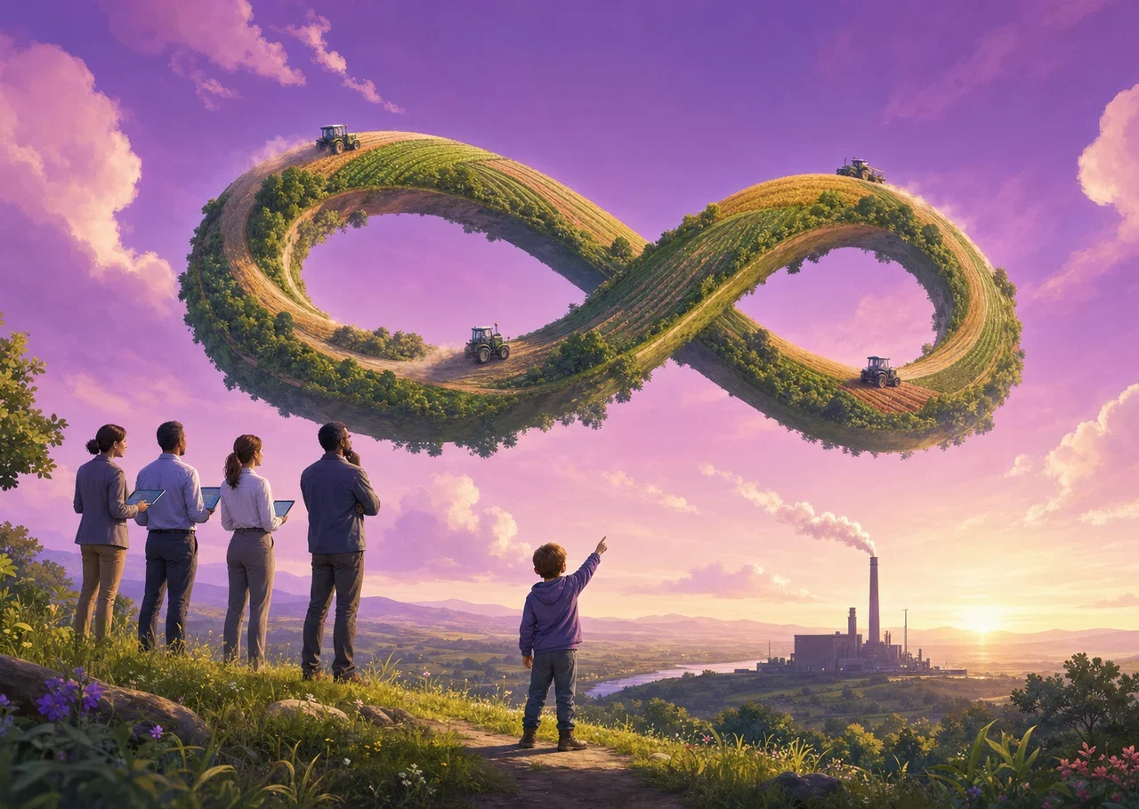 Illustration : une ferme en forme de boucle infinie flotte dans le ciel violet ; des experts avec leurs tablettes sur une colline, un enfant la montre du doigt