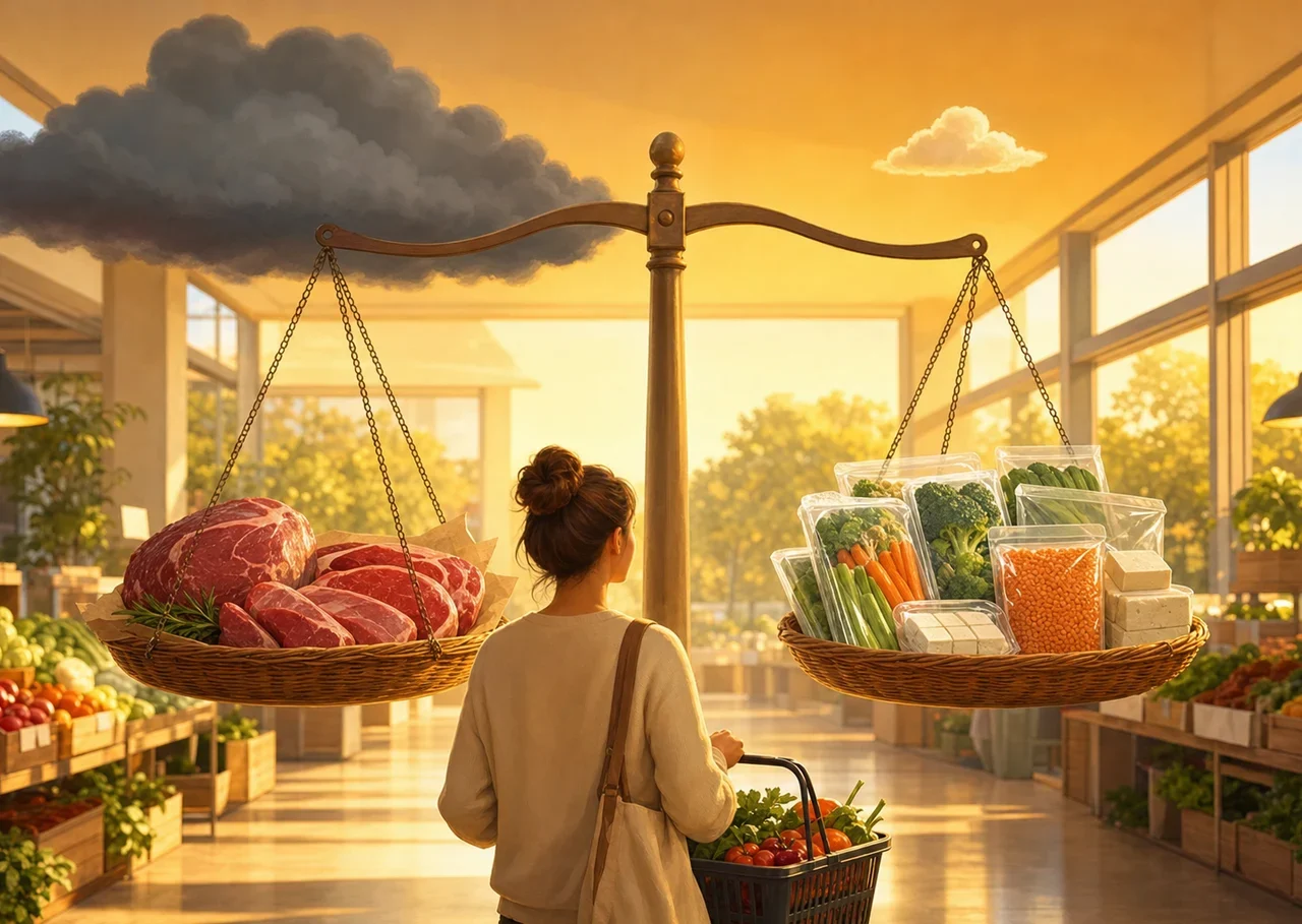 Illustration : dans une halle, une balance compare un panier de viande locale et un panier de végétaux emballés, chacun sous un nuage