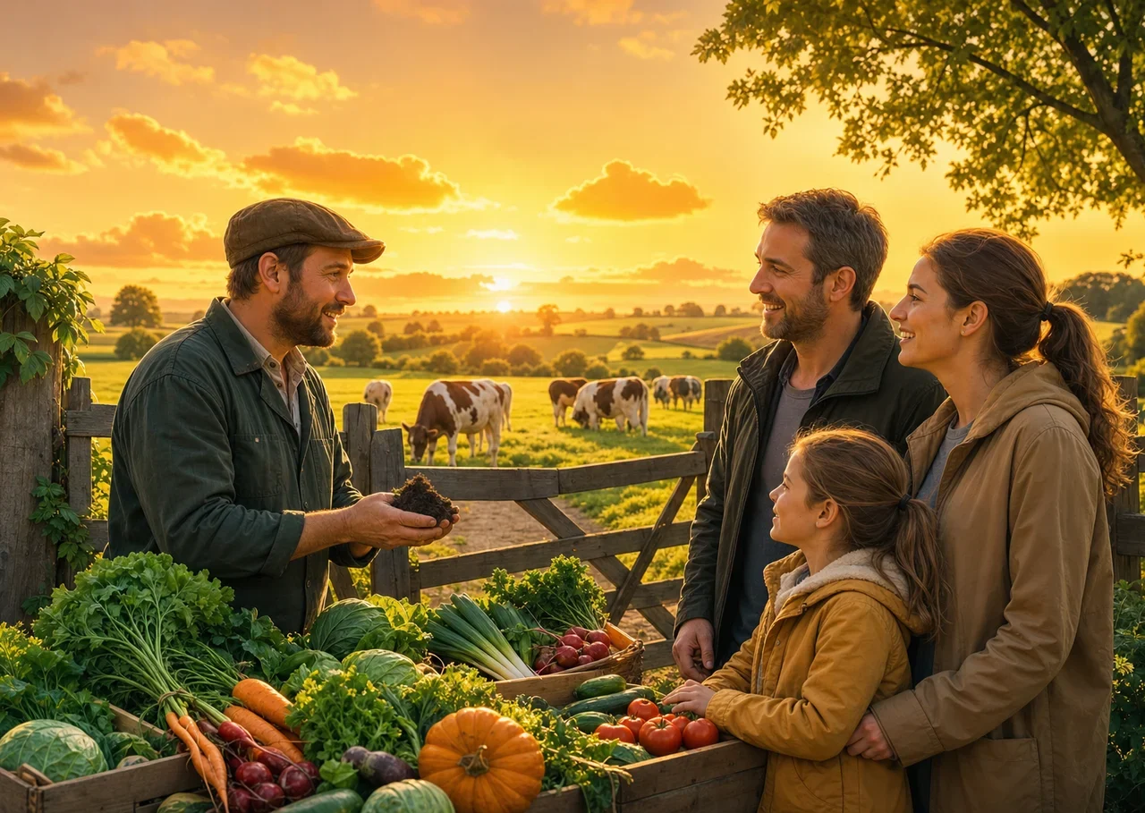 Illustration : à la barrière d'une ferme, un agriculteur montre une poignée de terre à une famille venue de la ville, devant une table de légumes frais et des vaches au pré