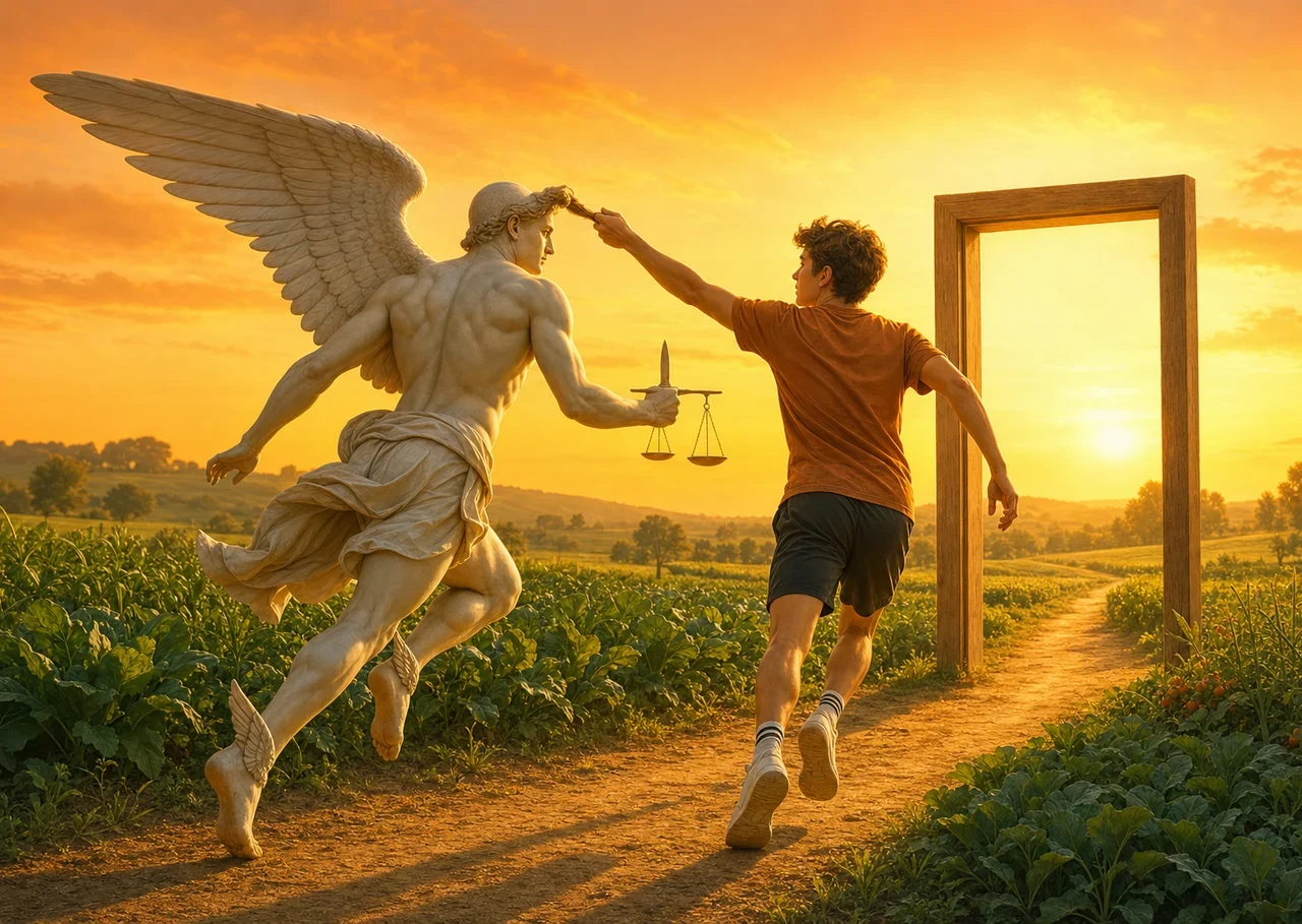 Illustration : Kaïros, figure ailée tenant une balance posée sur une lame, passe en courant sur un chemin entre des champs ; une jeune personne le saisit par la mèche, près d’une porte ouverte sur la lumière