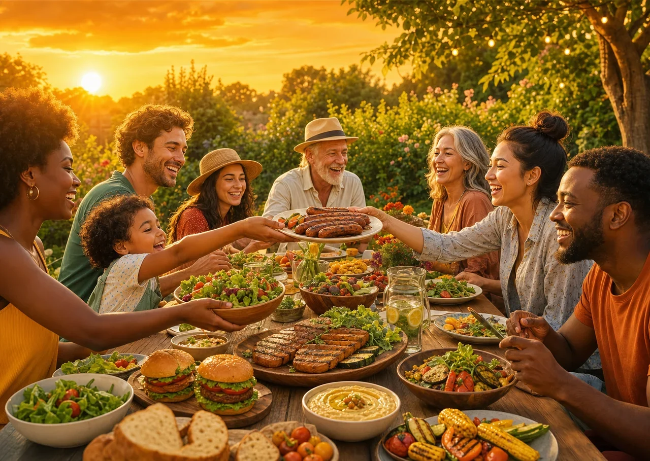 Illustration : un repas convivial au jardin, des personnes de tous âges partagent burgers, steaks et saucisses végétales, salades et légumes grillés, sous une lumière orangée