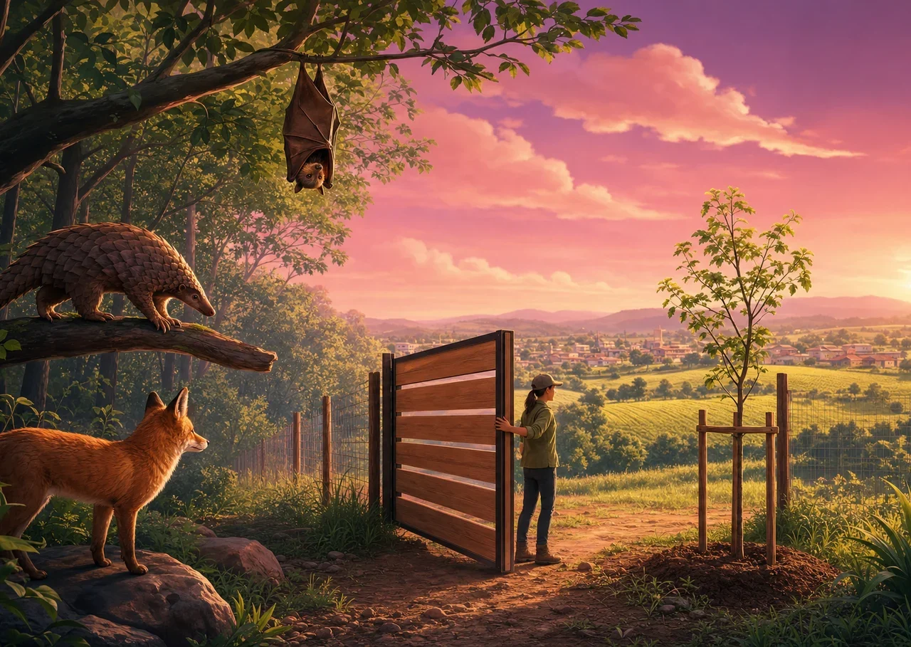 Illustration : à l’orée d’une forêt, une chauve-souris, un pangolin et un renard observent une personne qui ouvre un grand portail entre la forêt et les cultures