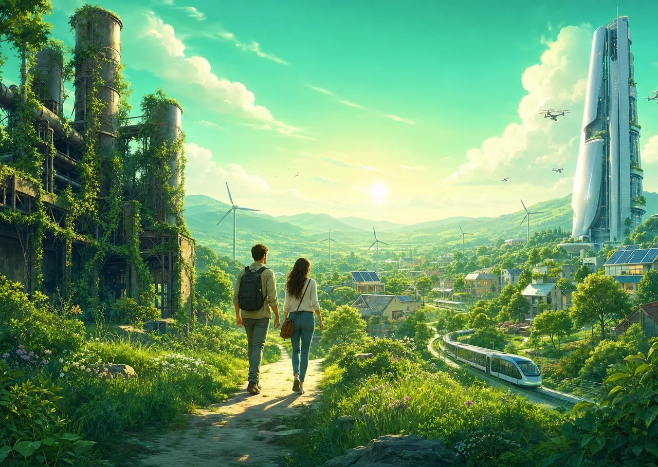Illustration : un jeune couple suit un chemin médian entre une usine abandonnée envahie de verdure et une tour argentée futuriste, vers un village mêlant jardins, tramway et panneaux solaires