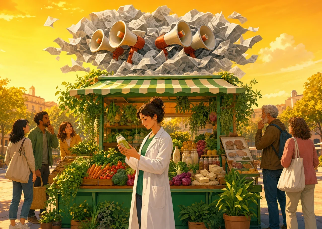 Illustration : un stand de produits végétaux surmonté de haut-parleurs et d’un nuage de journaux froissés, une scientifique lit une étiquette