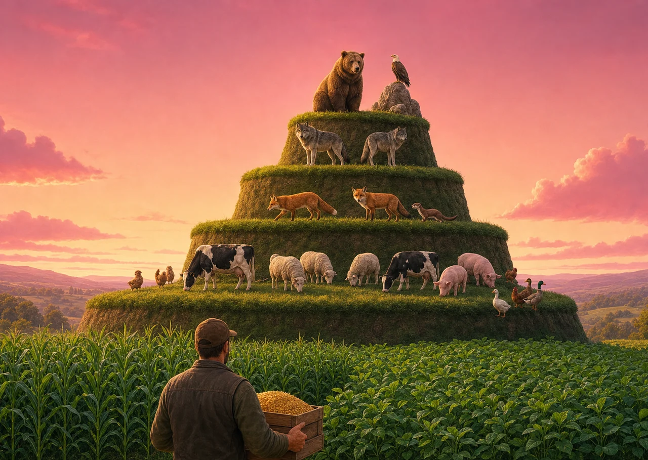 Illustration : une pyramide à cinq niveaux dans la campagne : cultures vertes de maïs et de soja, puis vaches, moutons, cochons et volailles, renards et belette, loups, et un ours et un aigle au sommet ; une personne porte une caisse de céréales