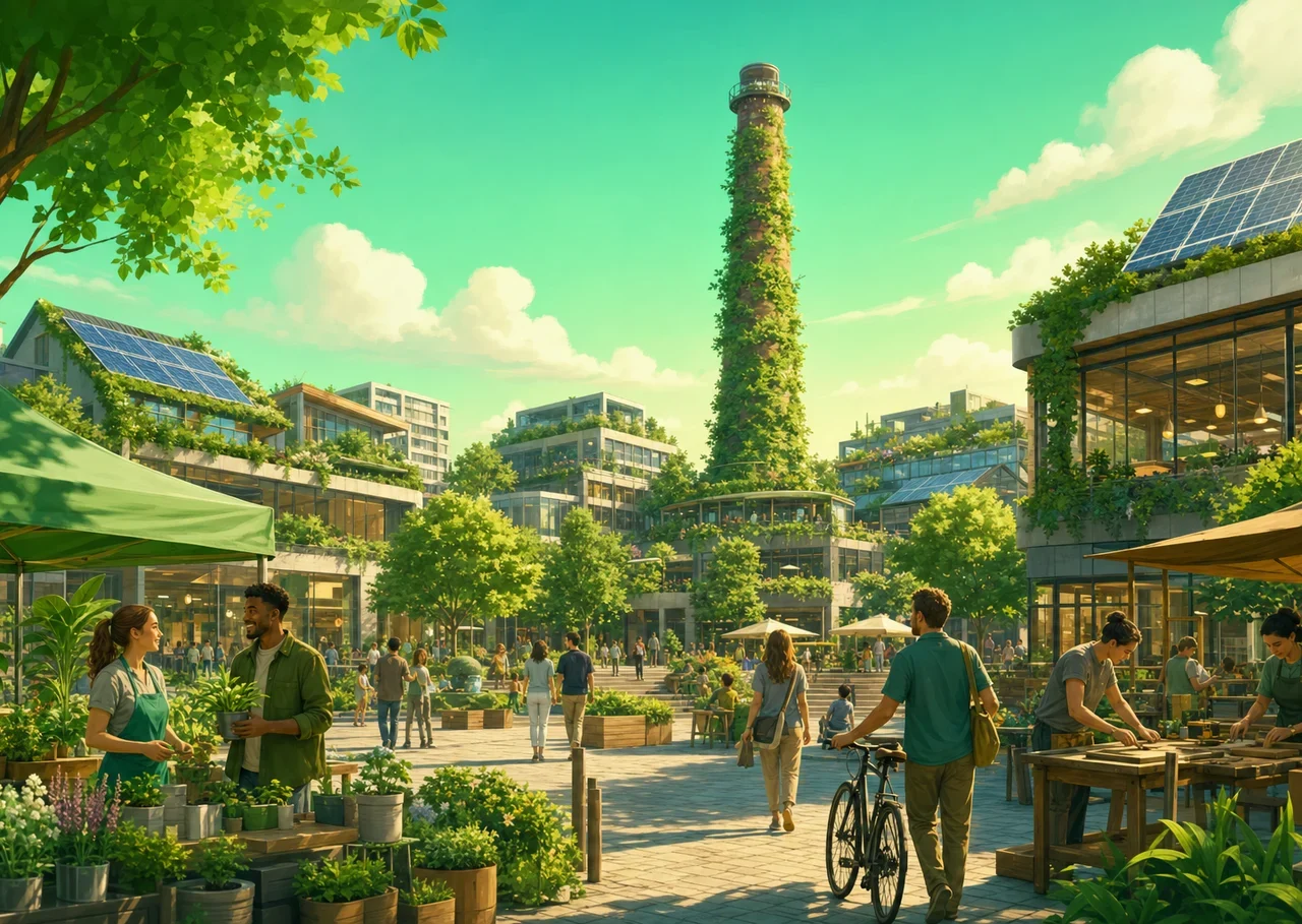 Illustration : une place animée où s'élèvent des immeubles aux toits verts et solaires, autour d'une ancienne cheminée d'usine transformée en jardin vertical
