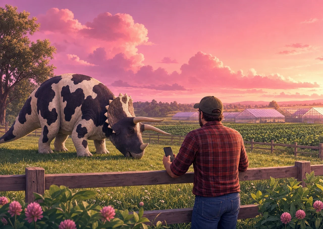 Illustration : un tricératops tacheté comme une vache broute dans un enclos, devant un éleveur qui regarde des serres modernes