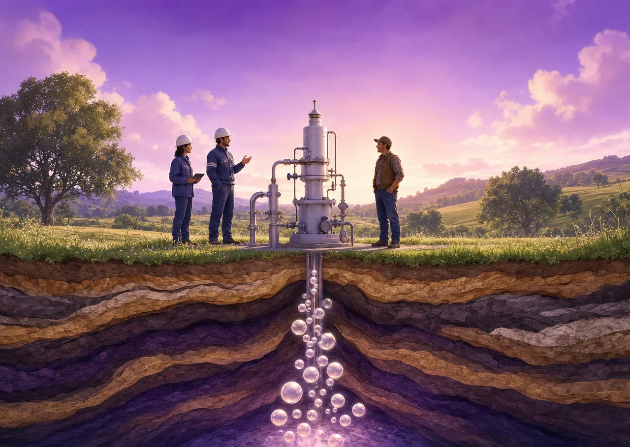 Illustration : vue en coupe d'une campagne où des bulles lumineuses d'hydrogène remontent des profondeurs vers une tête de puits moderne, sous le regard d'ingénieurs et d'un agriculteur