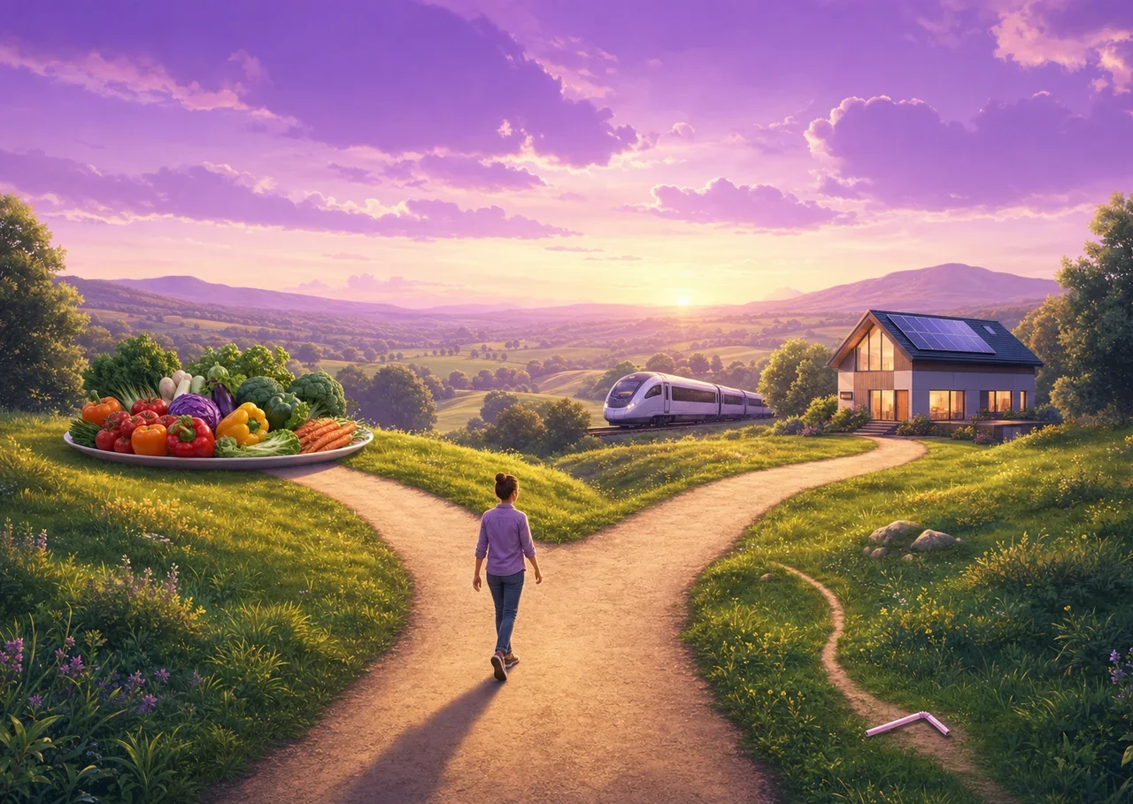 Illustration : un carrefour de chemins à la campagne menant à une assiette de légumes, un train électrique et une maison à panneaux solaires