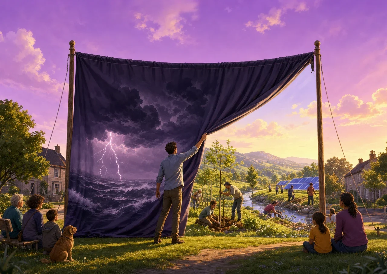 Illustration : un homme écarte un rideau de théâtre peint d'un orage sombre et découvre un paysage lumineux où l'on plante une forêt, installe des panneaux solaires et restaure une rivière