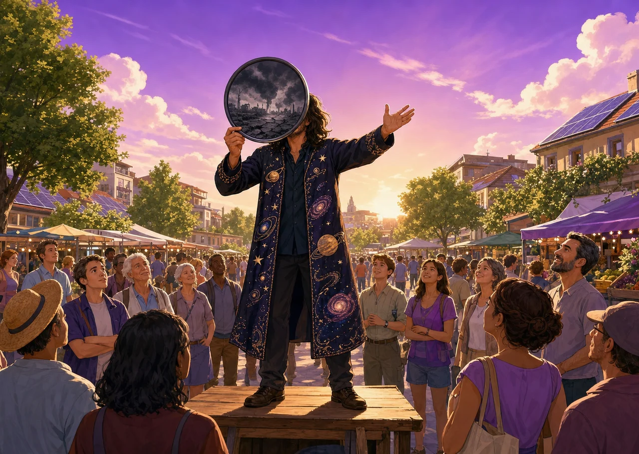 Illustration : sur une place animée et ensoleillée, un orateur aux cheveux longs et au manteau étoilé harangue la foule en tenant devant ses yeux une lentille sombre où la ville apparaît en ruines