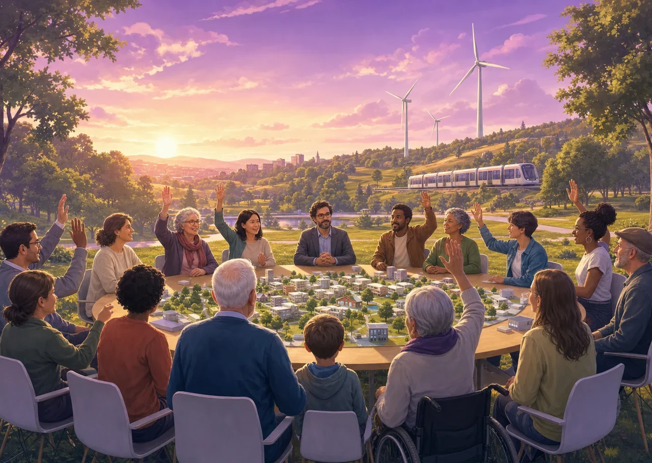 Illustration : une assemblée citoyenne en plein air vote à main levée autour de la maquette d'une ville verte, éoliennes et tramway à l'horizon