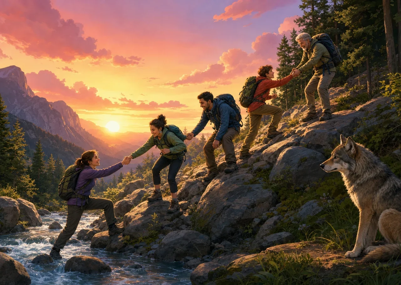 Illustration : des randonneurs de tous âges s'entraident pour franchir un torrent et gravir des rochers, sous le regard paisible d'un loup assis à l'orée de la forêt
