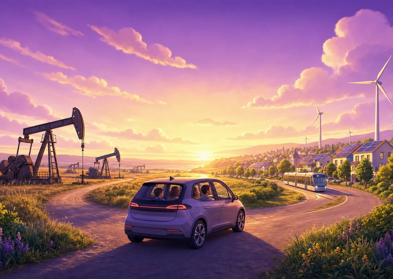 Une famille en voiture électrique choisit la route d'une ville solaire, devant des puits de pétrole toujours actifs