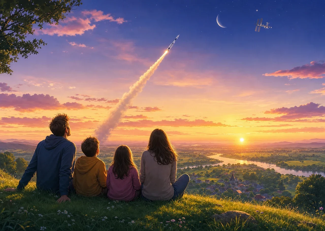 Illustration : une famille assise sur une colline regarde une fusée s’élever à l’aube vers la Lune et une station spatiale
