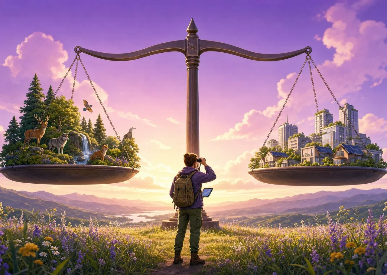 Illustration : une grande balance avec d’un côté une colline de forêts et d’animaux, de l’autre une ville aux toits solaires, observée par une naturaliste