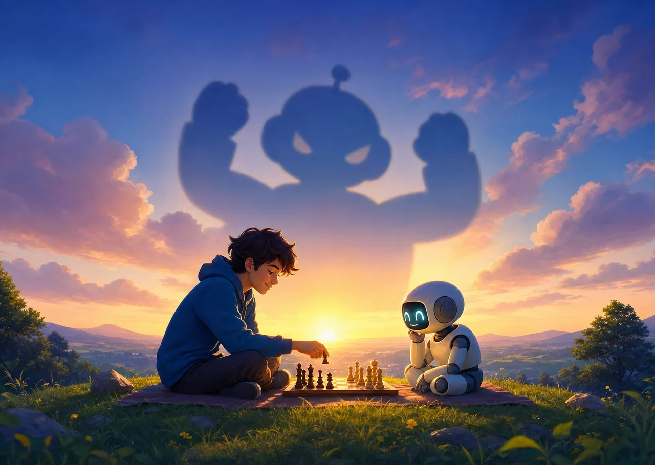Illustration : un jeune joue aux échecs avec un petit robot sur une colline ; dans les nuages, l’ombre géante et menaçante du robot n’est qu’une ombre
