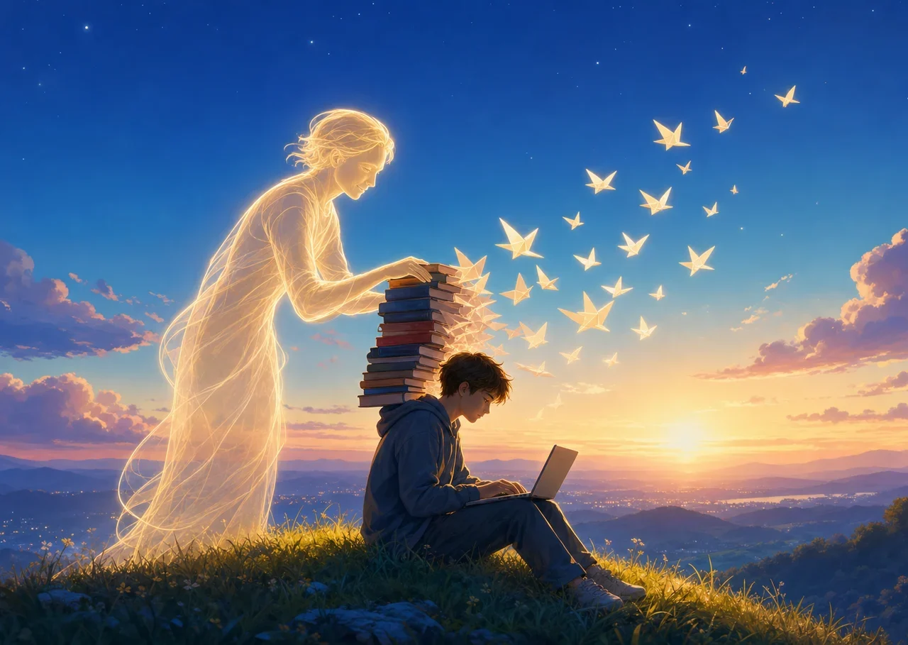 Illustration : un jeune avec un ordinateur portable, aidé par une silhouette de lumière qui soulève une pile de livres