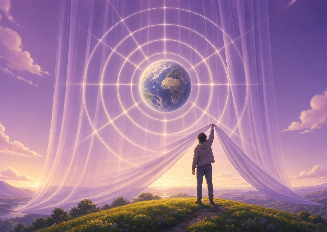 Illustration : une personne soulève un pan du grand cercle lumineux dessiné autour de la Terre, révélant un rideau