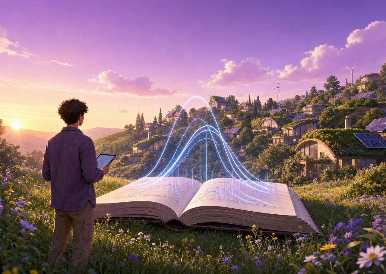 Illustration : un grand livre ouvert dans une prairie, des courbes lumineuses au-dessus de ses pages, regardé par une jeune personne avec une tablette