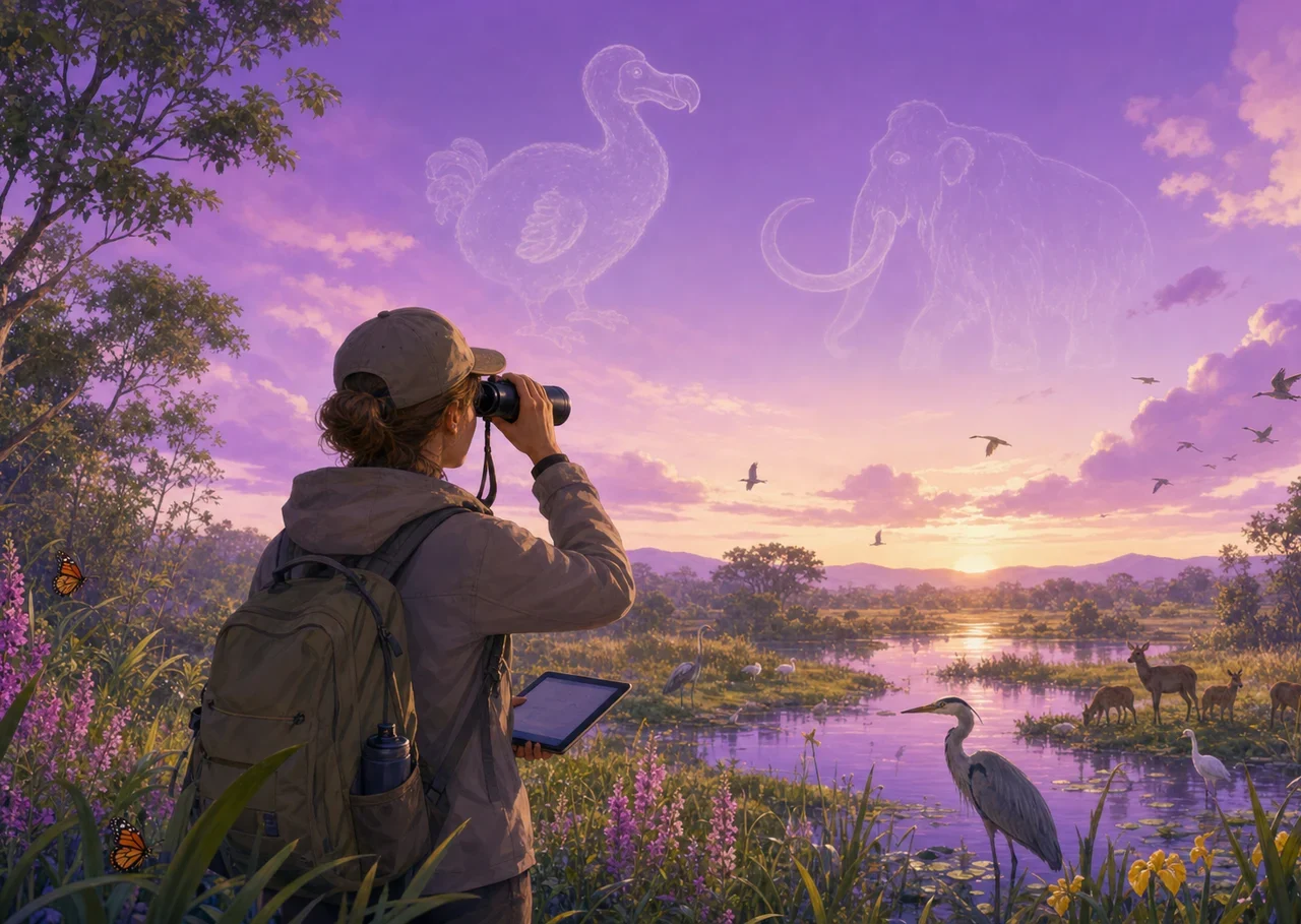 Illustration : une naturaliste observe un marais plein de vie, sous les silhouettes pâles d’un dodo et d’un mammouth dessinées dans le ciel
