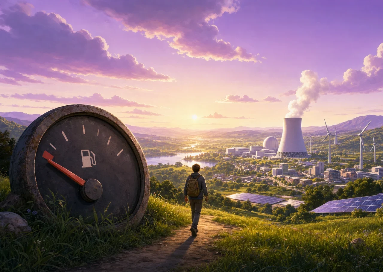 Illustration : une personne passe devant une grande jauge de carburant presque vide et marche vers une vallée alimentée par une centrale nucléaire, des éoliennes et des panneaux solaires