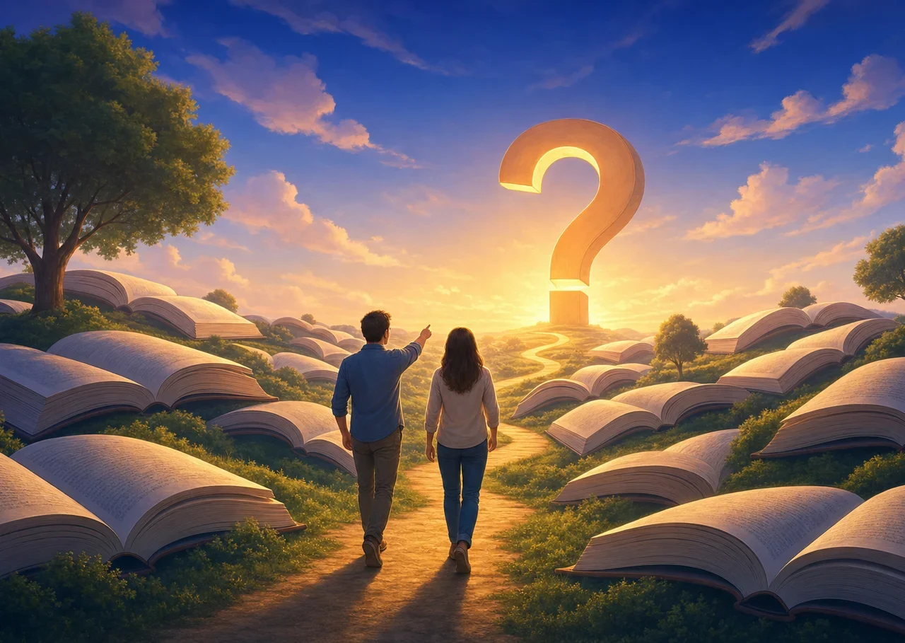 Illustration : deux personnes marchent sur un chemin entre des livres ouverts vers un grand point d’interrogation lumineux