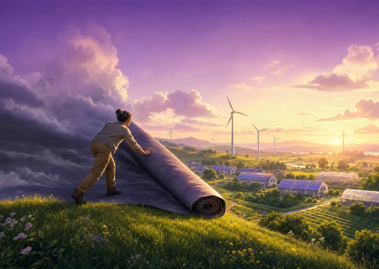 Illustration : une personne enroule une grande toile d’orage et dévoile une vallée d’éoliennes, de toits solaires et de serres