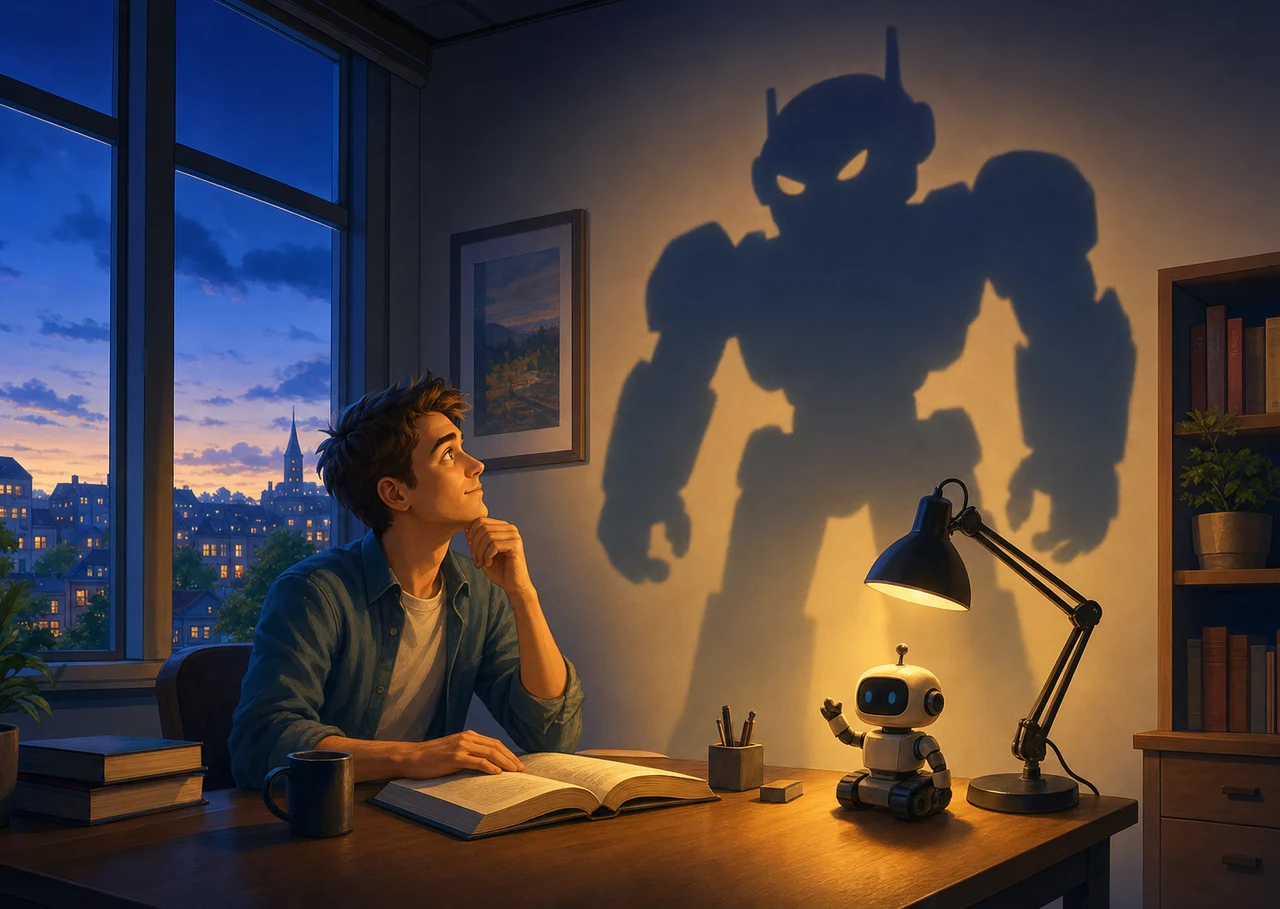 Un jeune homme à son bureau regarde l’ombre géante d’un robot sur le mur, projetée par un petit robot-jouet posé devant la lampe
