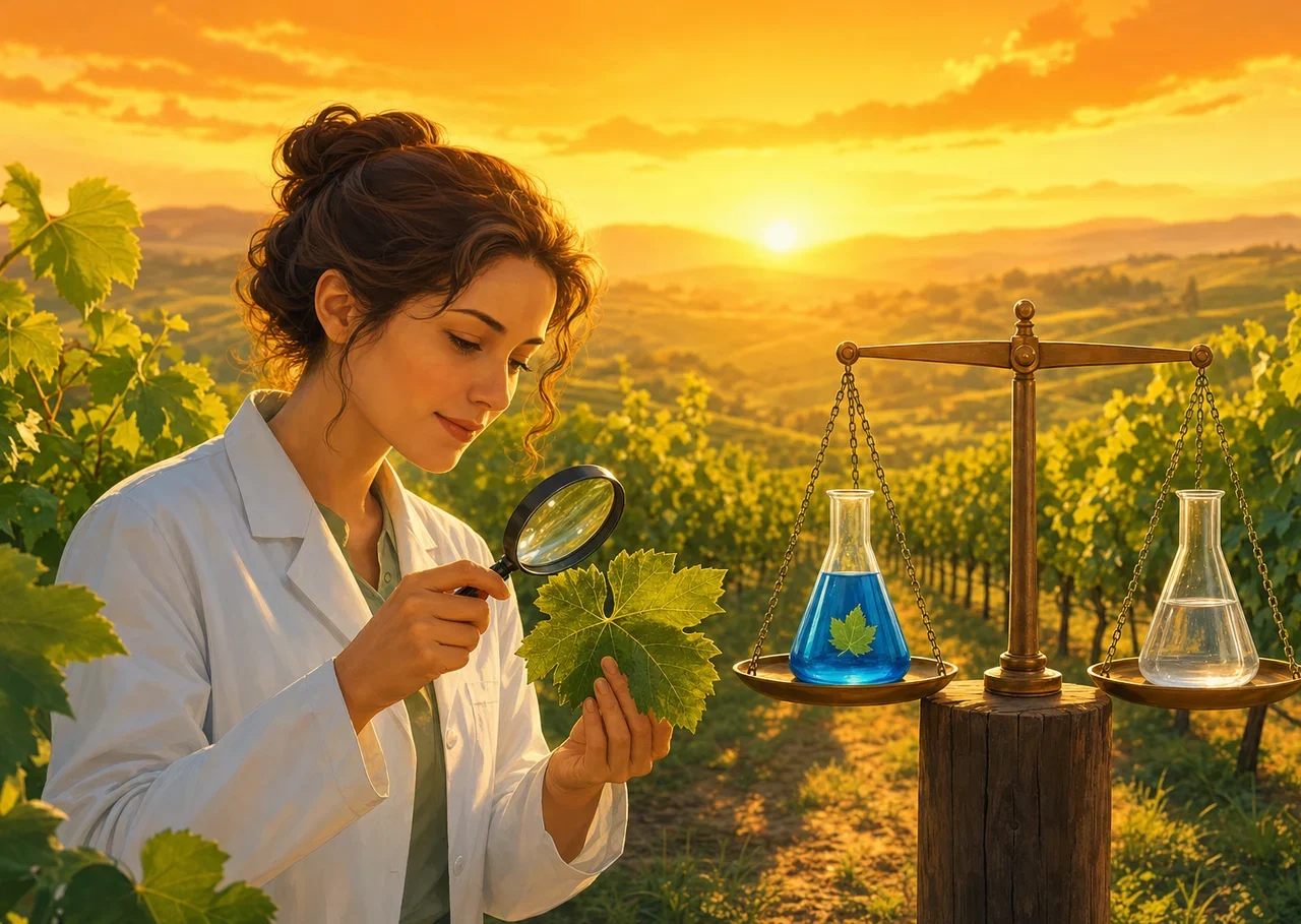 Illustration : dans une vigne, une scientifique examine une feuille à la loupe à côté d’une balance portant deux flacons, l’un bleu, l’autre transparent