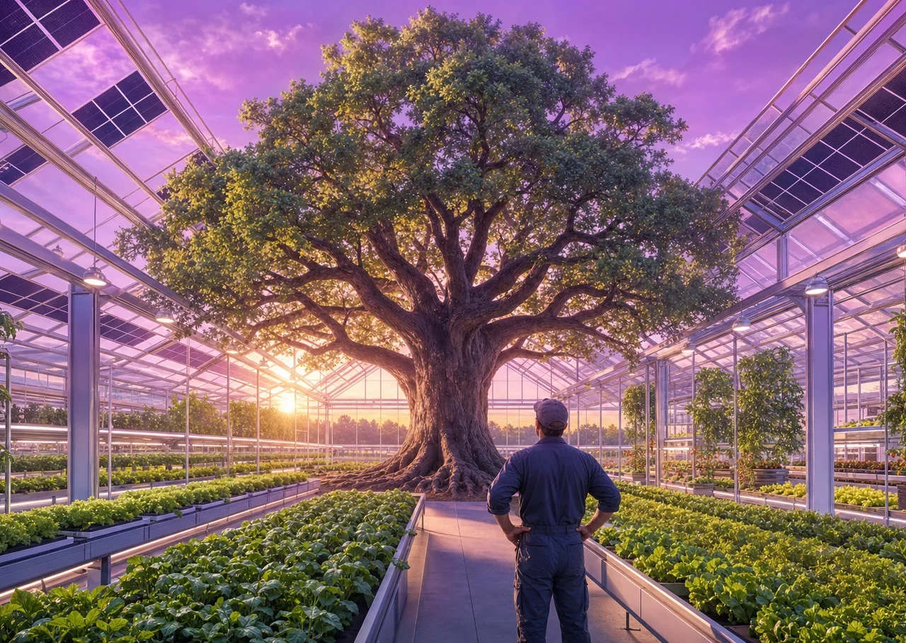 Illustration : un grand chêne au cœur d’une serre moderne et productive, couverte de panneaux solaires, regardé par un agriculteur