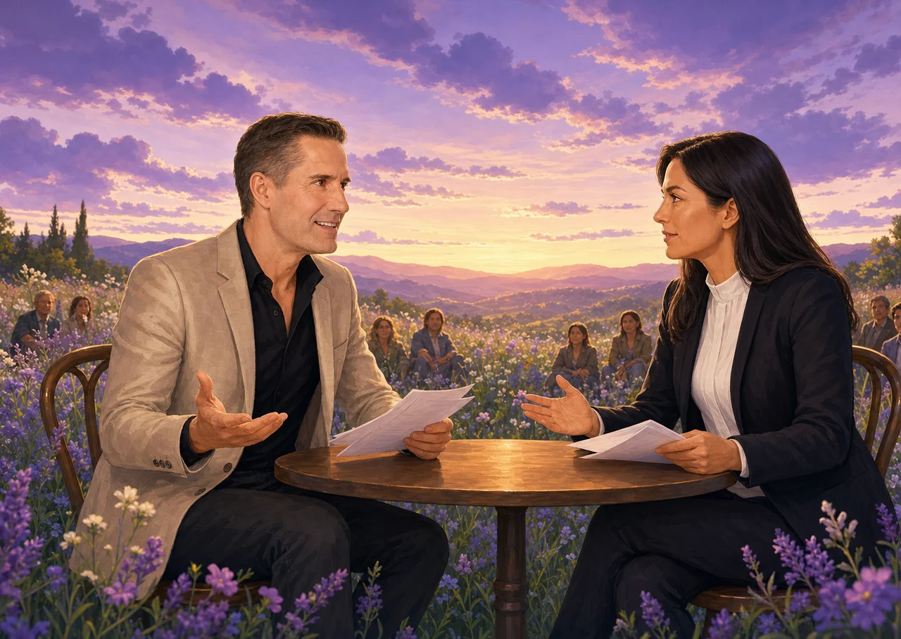 Illustration : Thomas Lepeltier et une chercheuse assis face à face à une petite table dans un pré fleuri échangent calmement leurs arguments, notes en main, devant un petit public