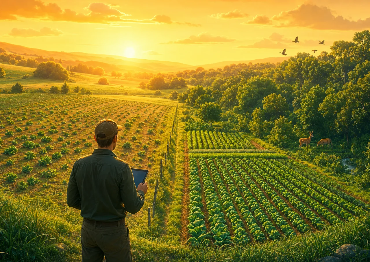 Un agriculteur compare une parcelle bio clairsemée et une parcelle productive, à côté d'une forêt préservée