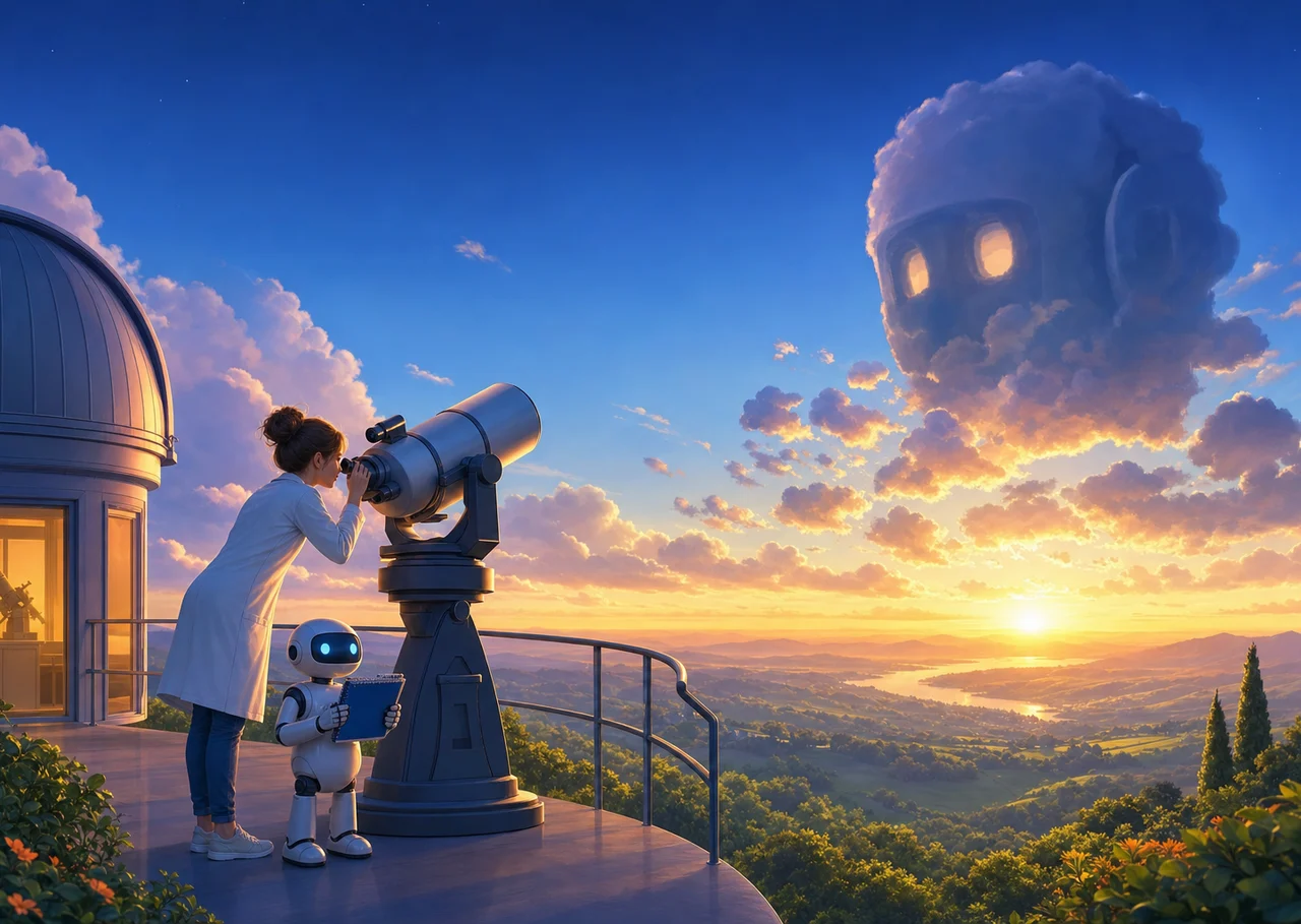 Une scientifique observe au télescope un nuage d’orage en forme de tête de robot à l’horizon