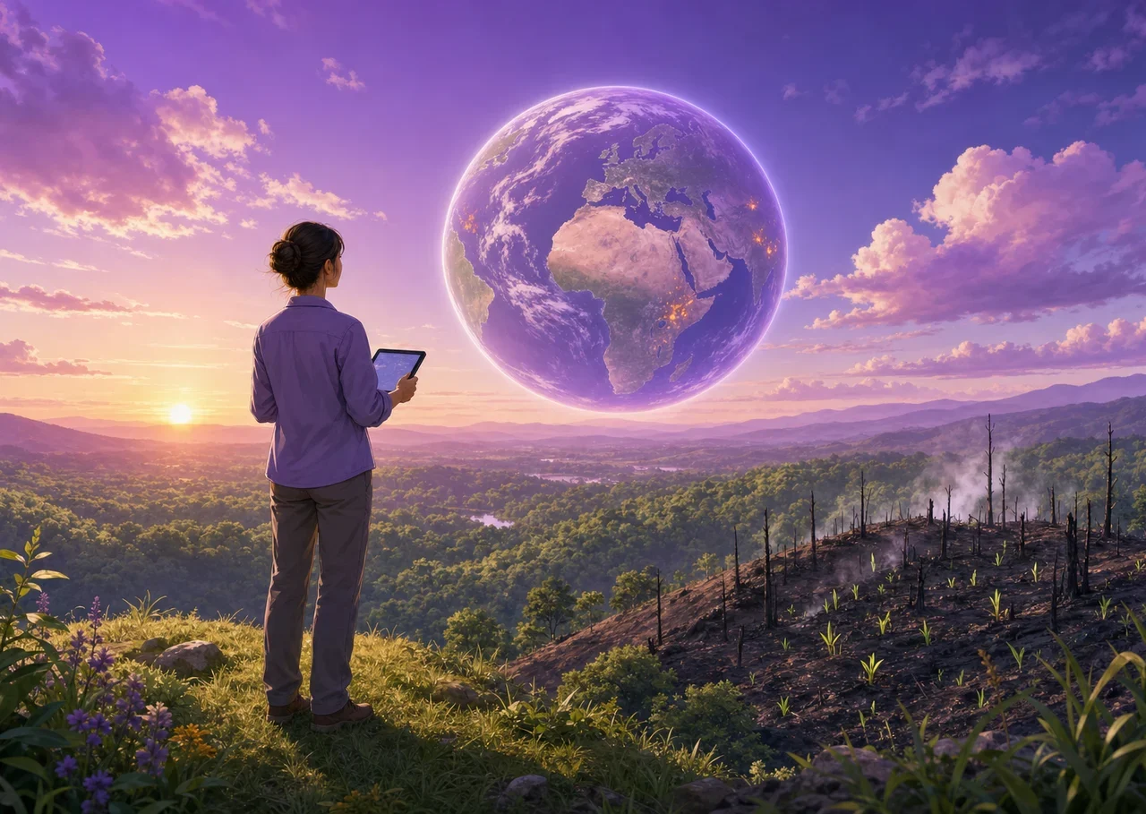 Illustration : une chercheuse regarde un grand globe terrestre presque intact au-dessus d’une vallée boisée, près d’une colline brûlée où la végétation repousse