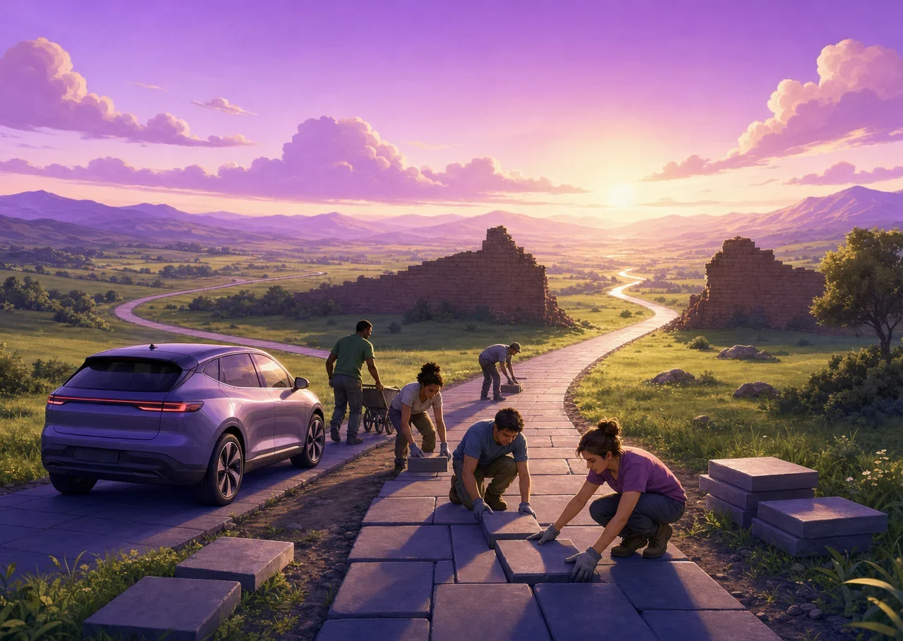 Illustration : des personnes posent les pavés d’une route devant une voiture qui avance ; plus loin, la route traverse un vieux mur par une large brèche