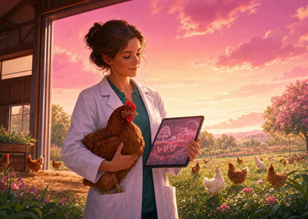 Illustration : une vétérinaire tient une poule apaisée et une tablette, devant une grange ouverte sur un pré fleuri