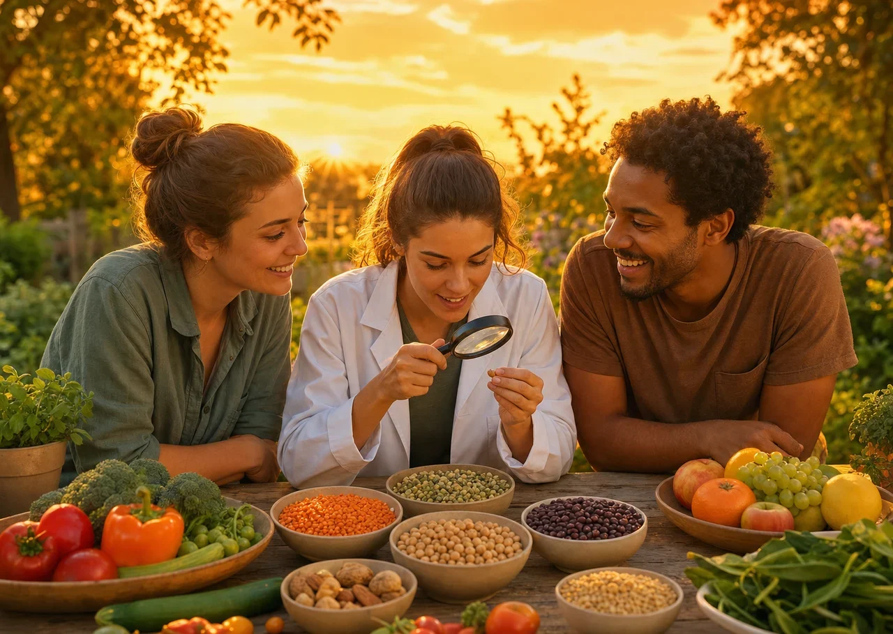Illustration : trois personnes examinent à la loupe une table couverte de légumineuses, de céréales, de fruits et de légumes, sous une lumière orangée