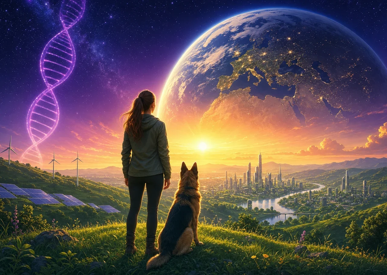 Illustration : une femme et son chien, vus de dos sur une colline, face à une grande Terre qui se lève et une hélice d’ADN lumineuse dans un ciel étoilé, au-dessus d’une ville verte